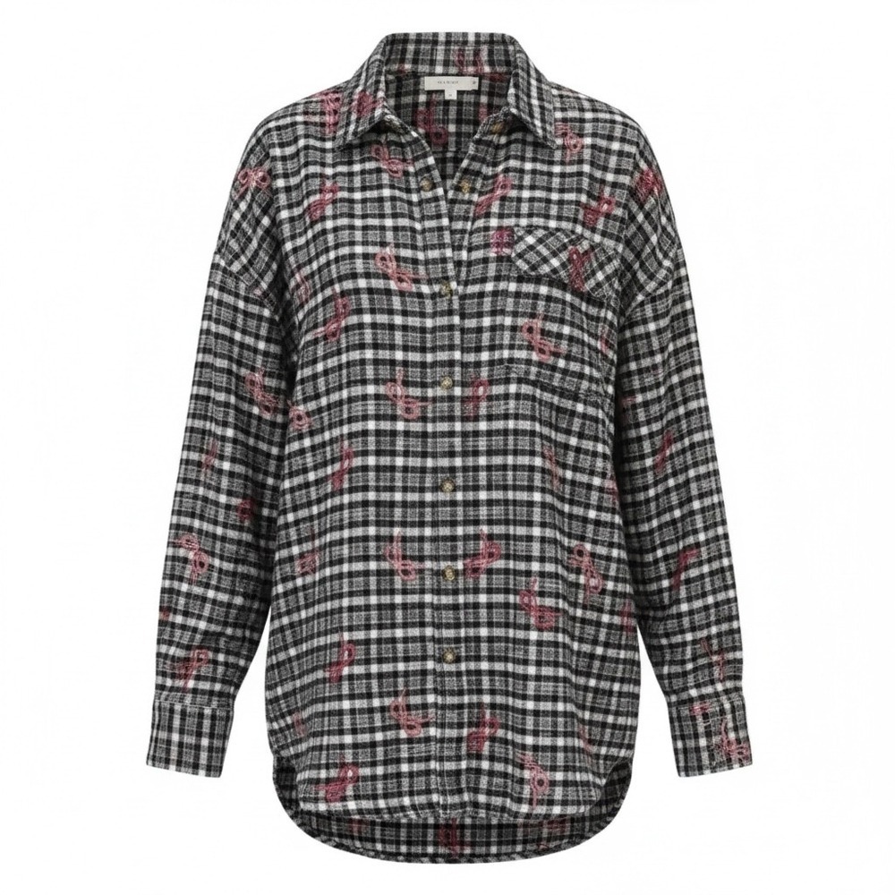 BDG Flannel Shirt Size M Black White Bow Embroidered Plaid Oversized Button Down - Picture 2 of 13